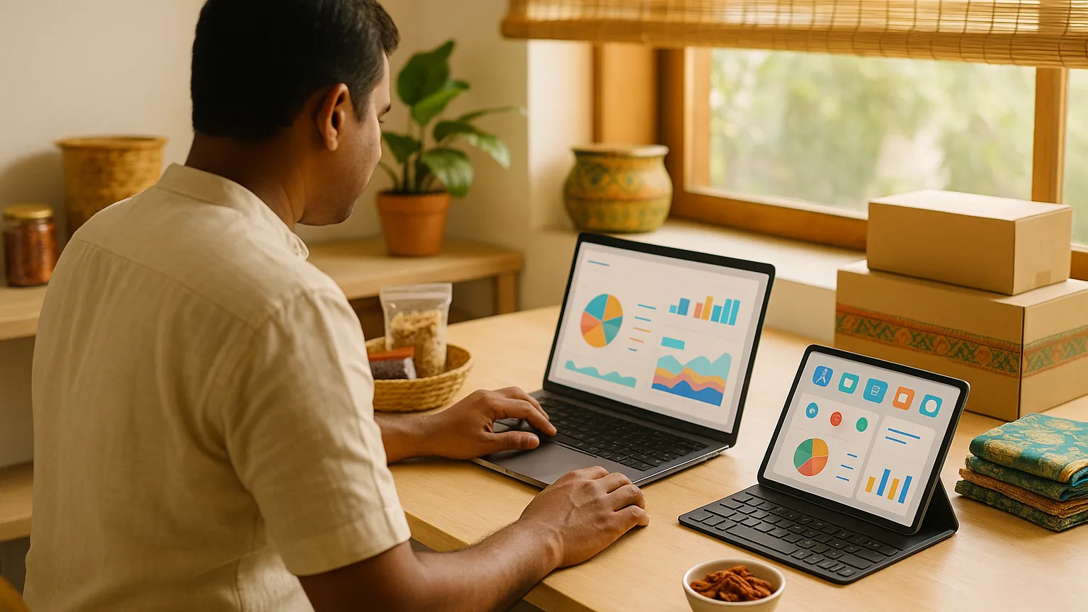 Kerala entrepreneur managing e-commerce marketplaces on multiple devices in a bright modern workspace